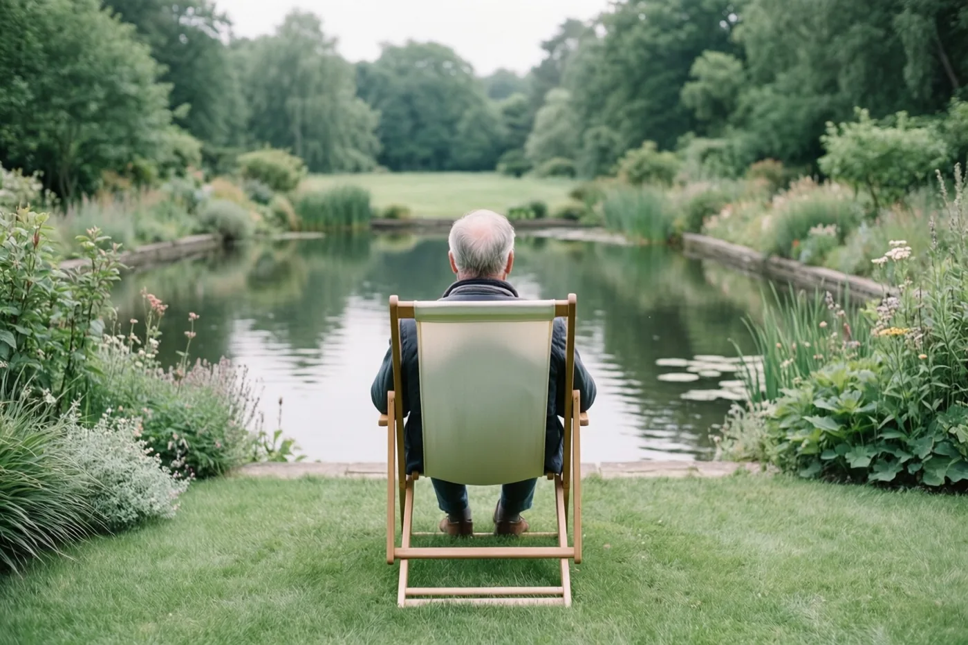 Een oudere man met wit haar zit in een houten ligstoel bij een rustige vijver in een weelderig groene tuin.