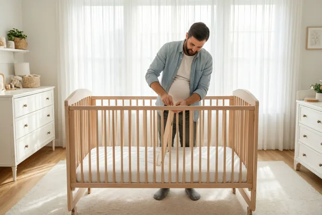 Een man zet een houten babybedje in elkaar in een lichte babykamer met witte meubels, doorschijnende gordijnen en wit beddengoed.