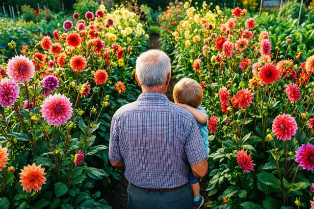 Een oudere man met wit haar draagt een klein kind op zijn heup terwijl hij door een tuin met hoge, kleurrijke dahlia’s loopt, van achteren gezien in warm zonlicht.