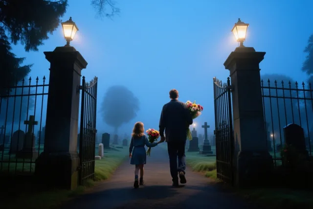 Een man en een jong meisje lopen hand in hand met elk een boeket door een kerkhofpoort, met brandende lantaarns op de poortpijlers en grafstenen in de ochtendmist.