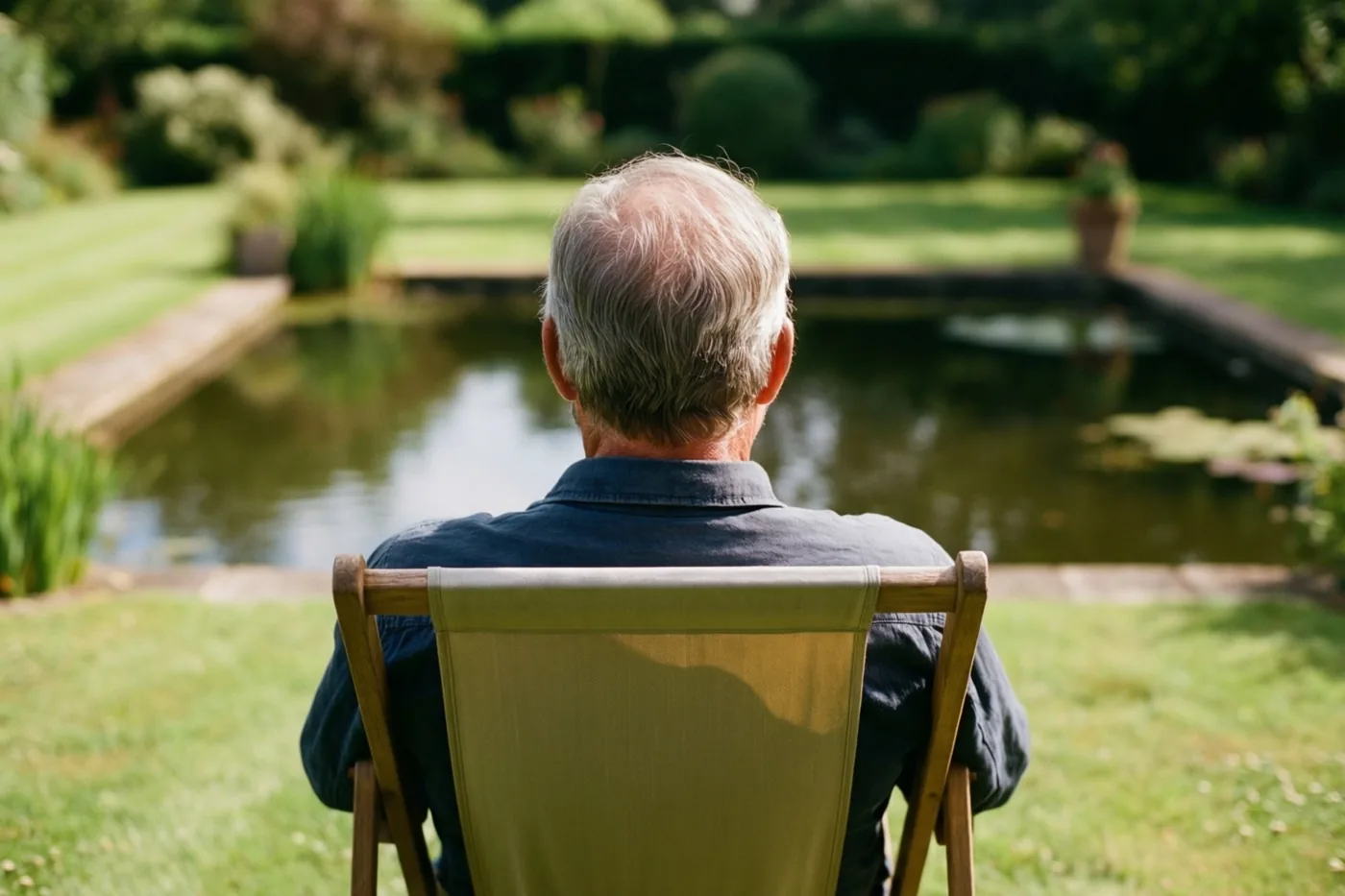 Een oudere man met grijs haar zit in een houten ligstoel tegenover een stille vijver in een sobere tuin met zonlicht en groen gras.