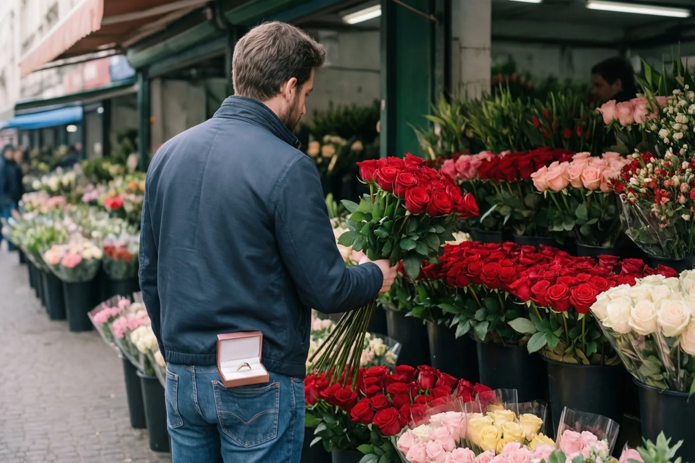 Een man kiest met de rug naar de camera een boeket rode rozen aan een bloemenkraam op een drukke buitenmarkt, tussen rijen kleurrijke bloemen.