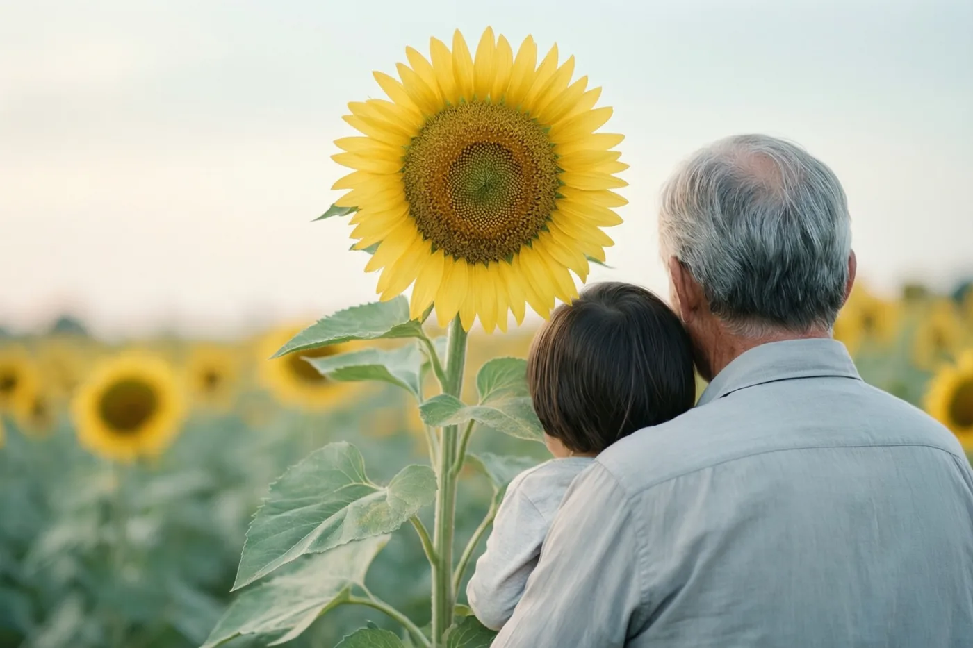 Een oudere man en een klein kind staan met hun rug naar de kijker naast een heel hoge zonnebloem in een veld in zacht, warm licht.