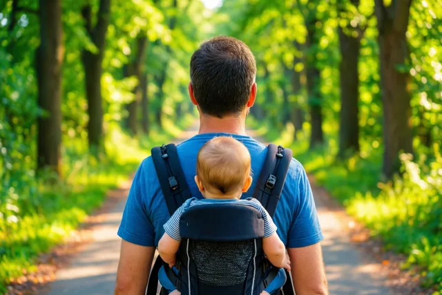 Een man in een blauw hemd draagt een baby in een draagzak en loopt van de kijker weg over een pad met groene bomen in helder zonlicht.