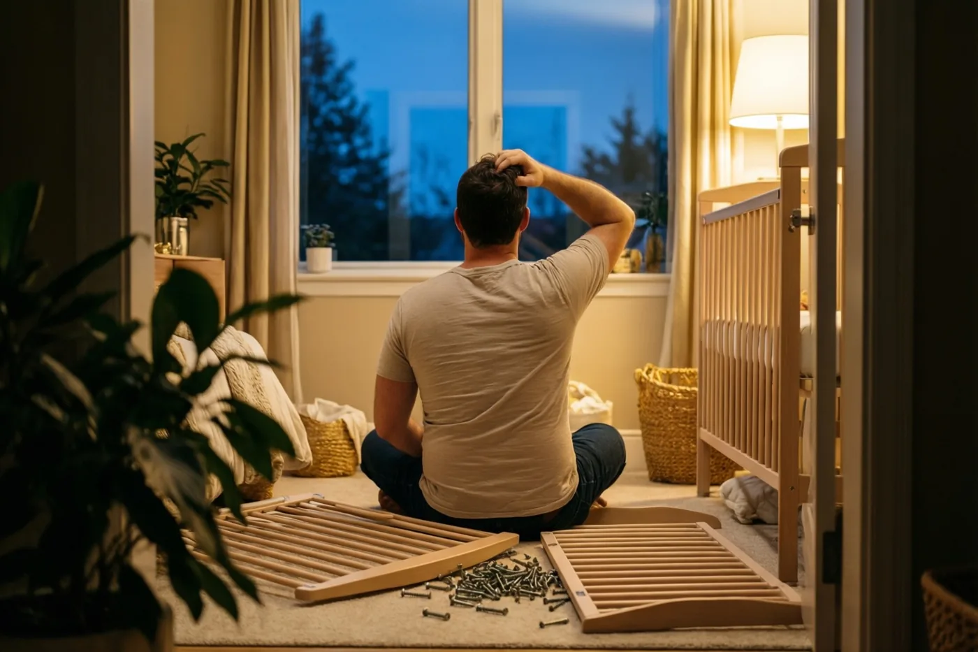 Een man zit met zijn rug naar de camera tussen losse babybedonderdelen en schroeven op de vloer van een warm verlichte babykamer, met een blauwe avondlucht achter het raam.