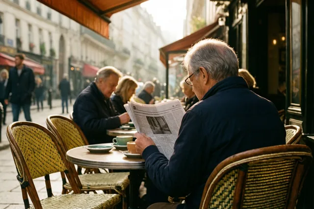 Een oudere man leest met de rug naar de kijker een krant bij de koffie op een caféterras aan een rustige straat, met andere gasten en voorbijgangers in warm ochtendlicht.