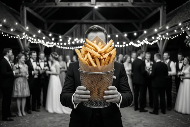 Een man in een pak houdt op een huwelijksreceptie onder lichtslingers een mand frieten voor zijn gezicht, in een zwart-witbeeld waarin alleen de frieten kleur hebben.
