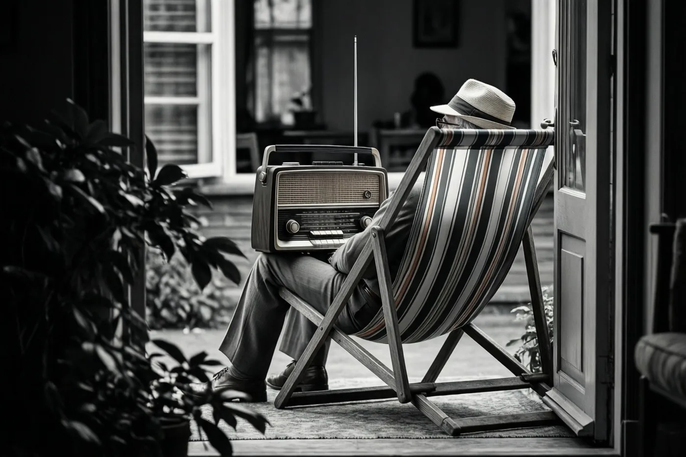 Een oudere man met een hoed zit van achteren gezien in een gestreepte ligstoel op een veranda, met een oude transistorradio op zijn schoot en een deuropening en planten in beeld, op een zwart-witfoto.