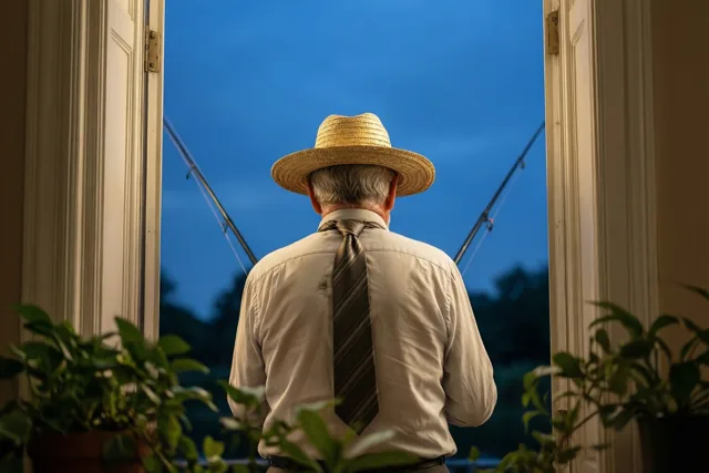 Een oudere man met een kantoordas rond zijn strohoed kijkt van achteren gezien door een witte deuropening naar hengels tegen de schemerlucht, met kamerplanten naast de deur.