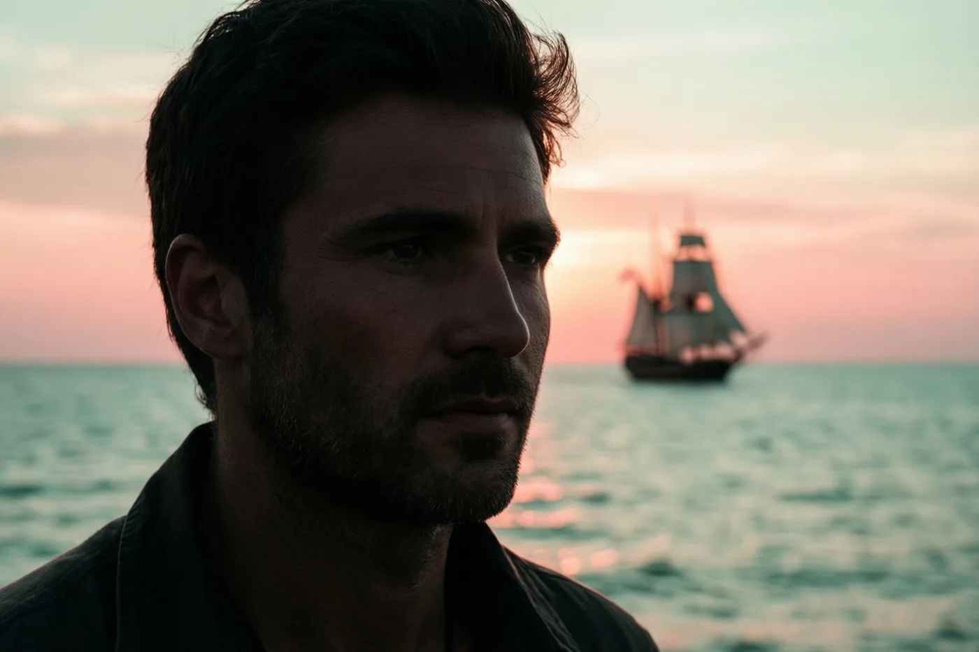 Een man met een baard is in profiel te zien tegen een roze-oranje zonsondergang boven blauwgroen zeewater, met een zeilschip aan de horizon.