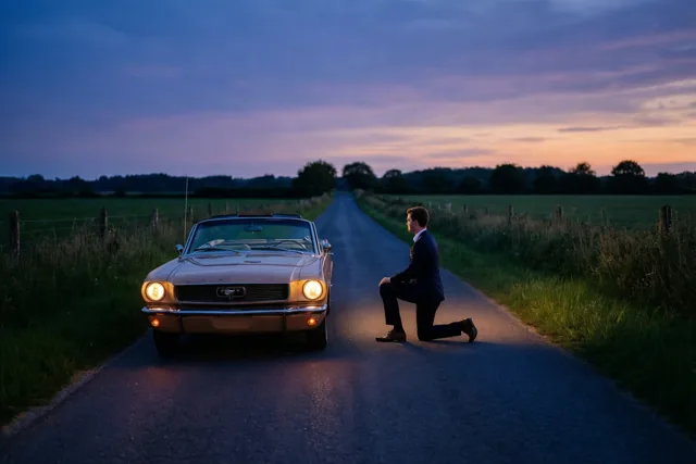 Een man in een pak knielt op een landweg naast een oldtimer met open dak en brandende koplampen, tussen velden en bomen onder een blauwe, paarse en oranje avondlucht.