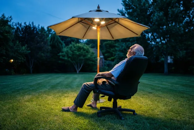 Een oudere man met wit haar leunt in een zwarte bureaustoel op het gazon onder een verlichte beige parasol, met een blauwe schemerlucht en donkere bomen op de achtergrond.