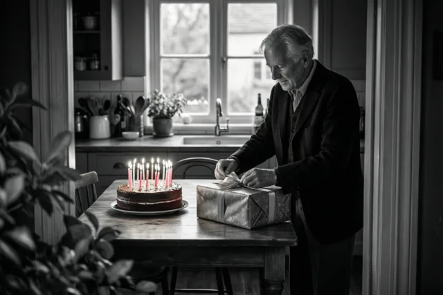 Op een zwart-witfoto staat een oudere man aan een keukentafel een cadeau uit te pakken naast een taart met brandende kaarsjes.