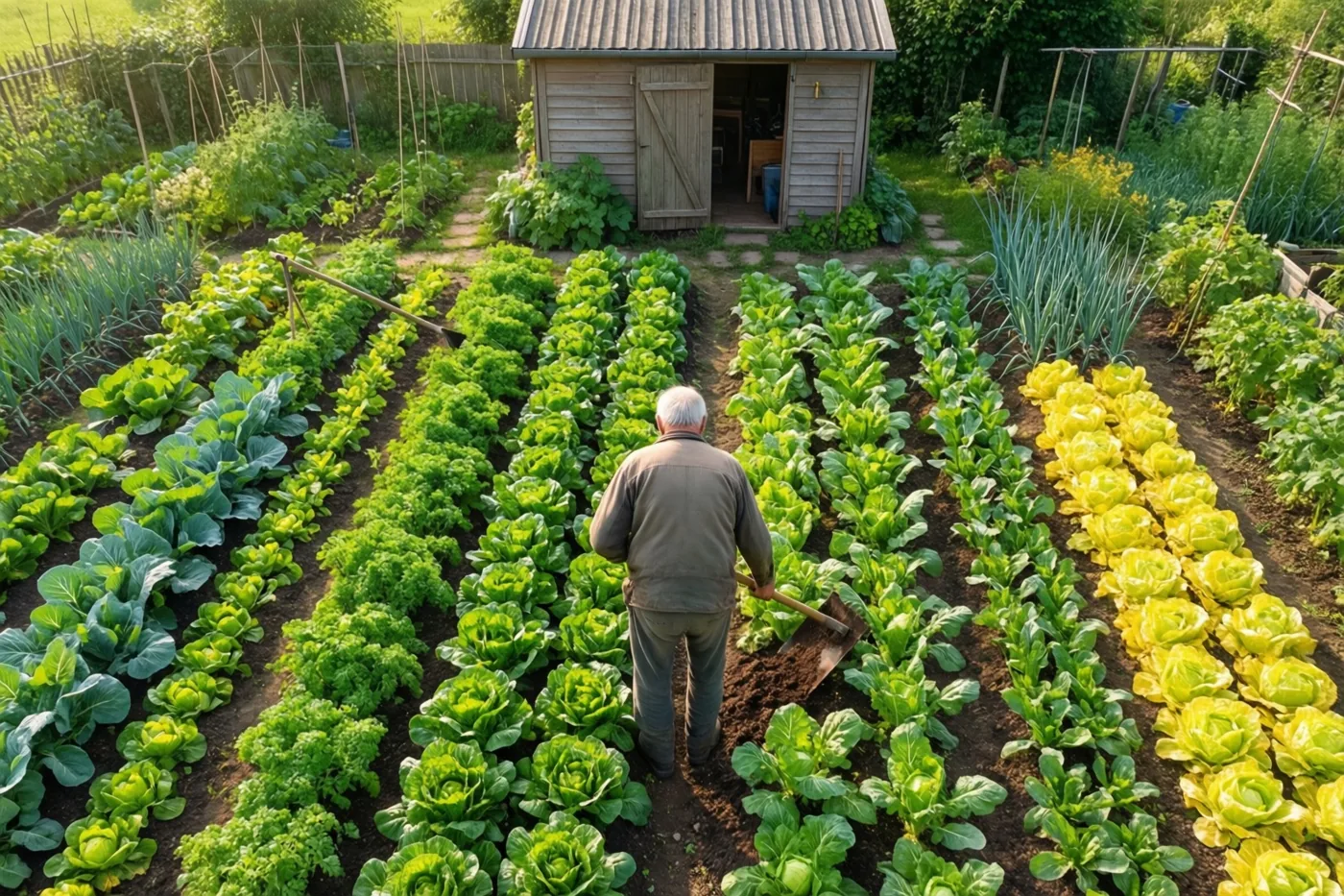 Een oudere man met wit haar schoffelt rijen groene en gele kolen in een zonnige moestuin naast een klein houten tuinhuis, van achteren gezien.