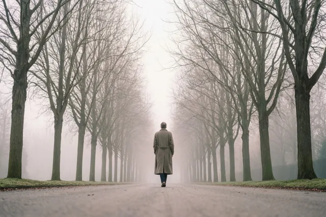 Een man in een lange jas wandelt weg over een recht pad tussen kale bomen in dichte mist, in gedempte grijze en bruine tinten.