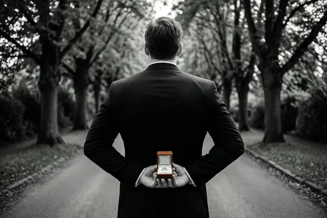 Op een zwart-witfoto staat een man in een donker pak met de rug naar de camera op een pad met bomen, met een open doosje met een ring achter zijn rug en een wazige achtergrond.