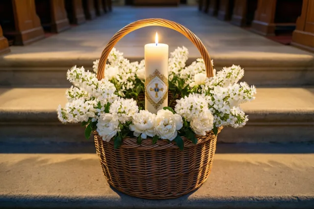 Een rieten mand met witte lentebloemen en een brandende communiekaars staat op een kerktrede in het zonlicht.