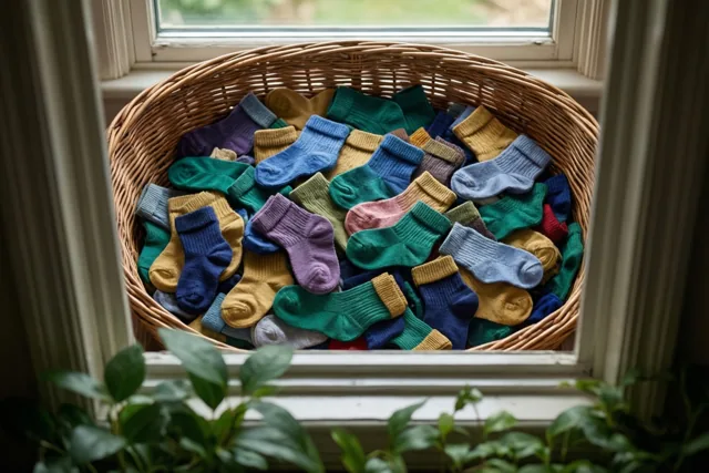 Een rieten mand met tientallen kleine, niet bij elkaar passende babysokjes in verschillende kleuren staat op een vensterbank, omringd door raamstijlen en groene kamerplanten op de voorgrond.