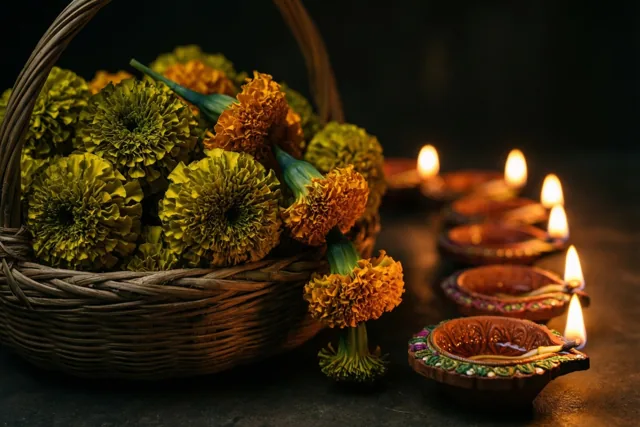 Een gevlochten mand met groene en oranje bloemen staat naast een rij brandende lampjes van klei op een donkere ondergrond.