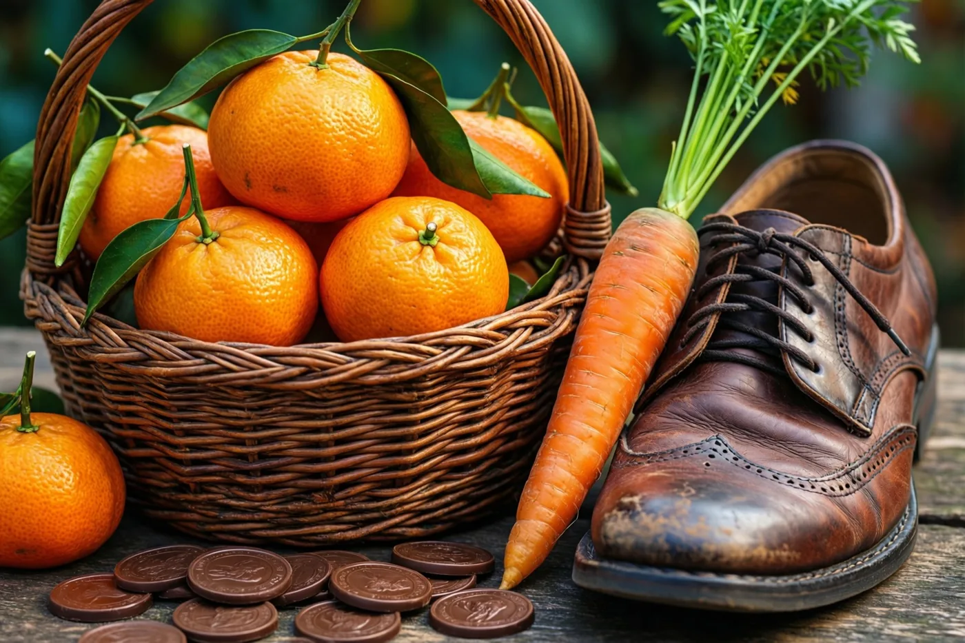 Een oude rieten mand met mandarijnen en chocolademunten staat naast een oude bruine leren schoen met een wortel op een houten ondergrond.