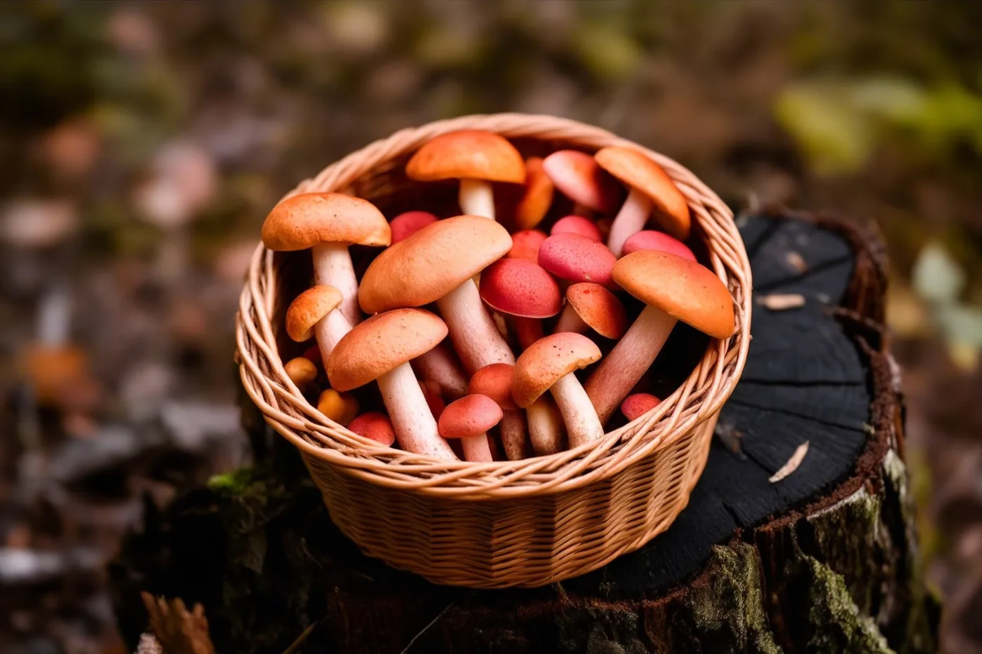 Een gevlochten mand met oranje en rode wilde paddenstoelen staat op een donkere, bemoste boomstronk in een bos.