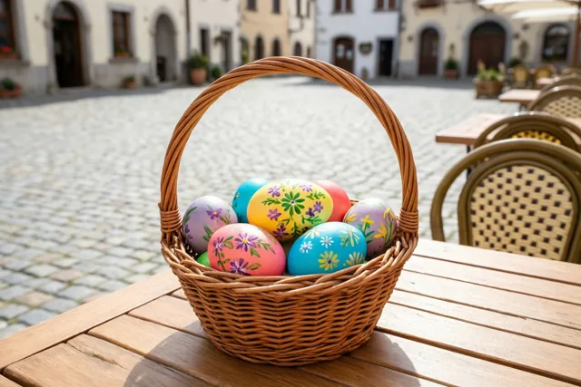 Een rieten mand met kleurrijke, handbeschilderde paaseieren staat op een houten cafétafel op een zonnig dorpsplein met kasseien en traditionele gebouwen op de achtergrond.
