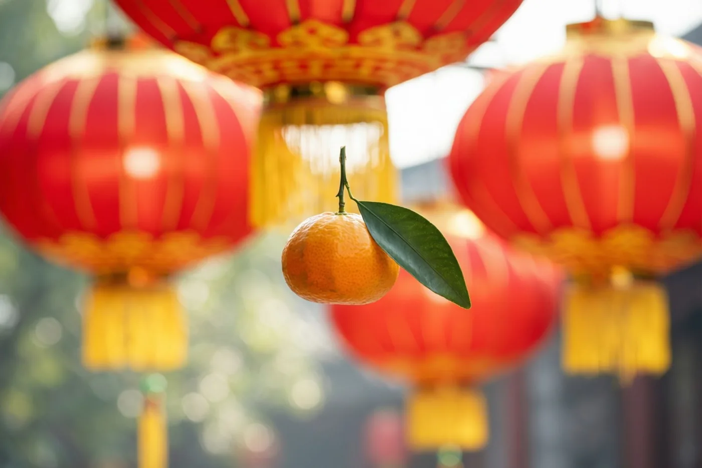 Een mandarijn met een groen blaadje hangt op de voorgrond, scherp tegen een onscherpe achtergrond van rode en gouden Chinese lantaarns.