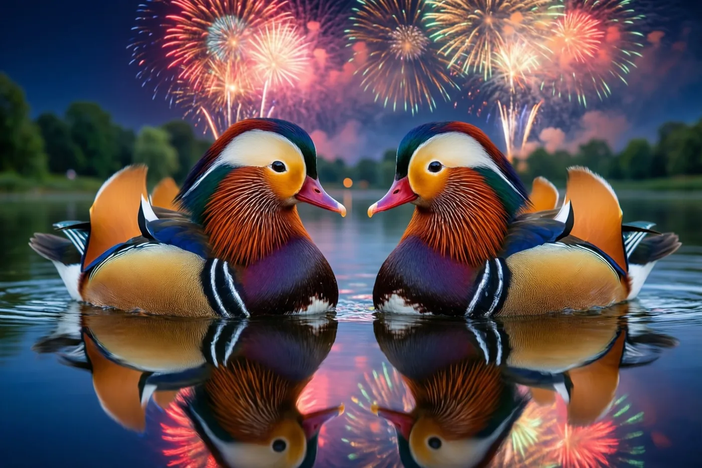Twee kleurrijke mandarijneenden zitten tegenover elkaar op een rustige vijver waarin ze weerspiegelen, terwijl vuurwerk de nachthemel kleurt.