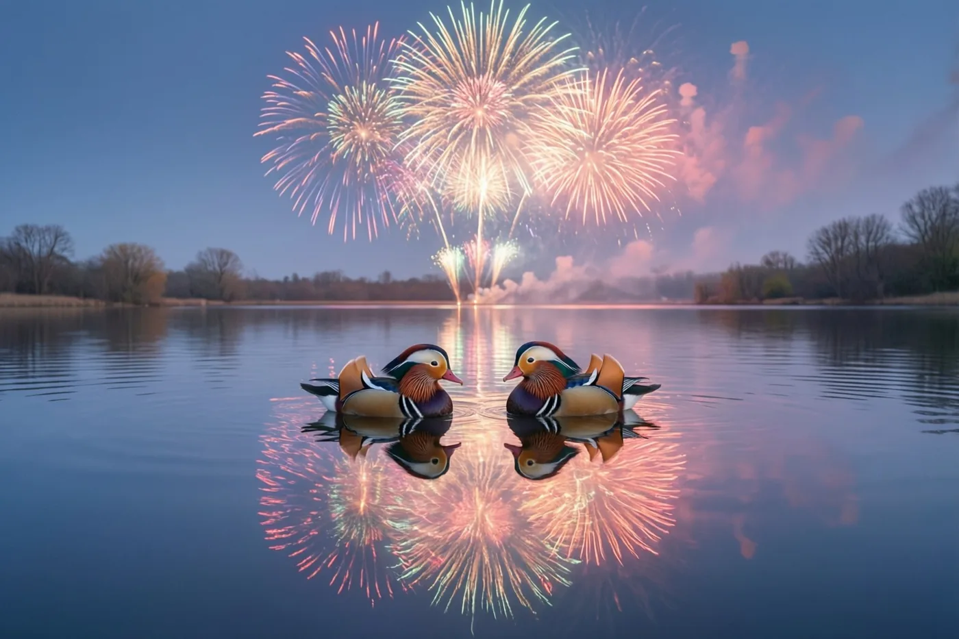 Twee kleurrijke mandarijneenden zwemmen naar elkaar gericht op een kalme vijver, met vuurwerk boven hen dat in het water weerspiegelt.