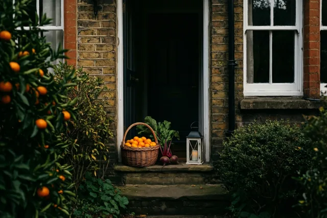 Een mand mandarijnen en een lantaarn met bieten staan op de stenen drempel van een bakstenen rijhuis, omgeven door groen en ramen in warme oranje en aardbruine tinten.