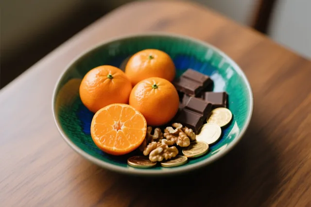 Een groene keramieken kom met hele mandarijnen, een halve mandarijn, walnoten en chocolademunten staat op een houten tafel in warm licht.