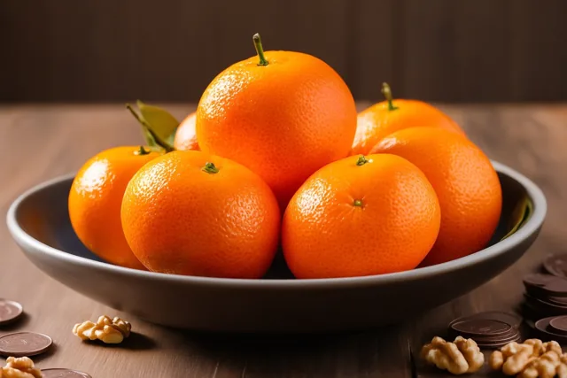 Een kom feloranje mandarijnen staat op een donkere houten tafel met verspreide walnoten en chocolademunten, in warm licht.
