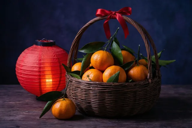 Een rieten mand met mandarijnen, groene bladeren en een rood lint staat op donker hout naast een brandende rode papieren lantaarn, tegen een donkerblauwe achtergrond.