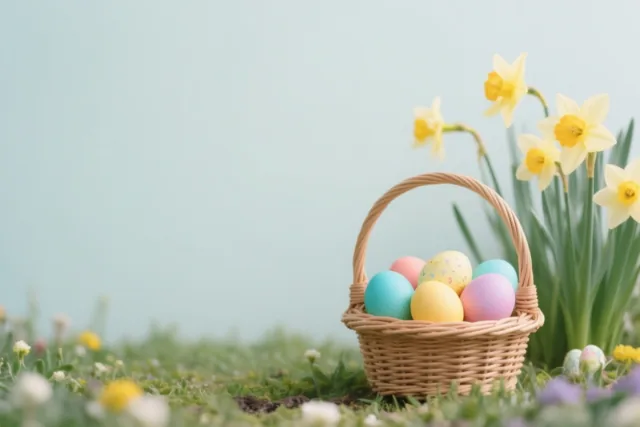 Een rieten mand met kleurrijke paaseieren staat op het gras naast bloeiende narcissen in een tuin onder een zachtblauwe lucht.