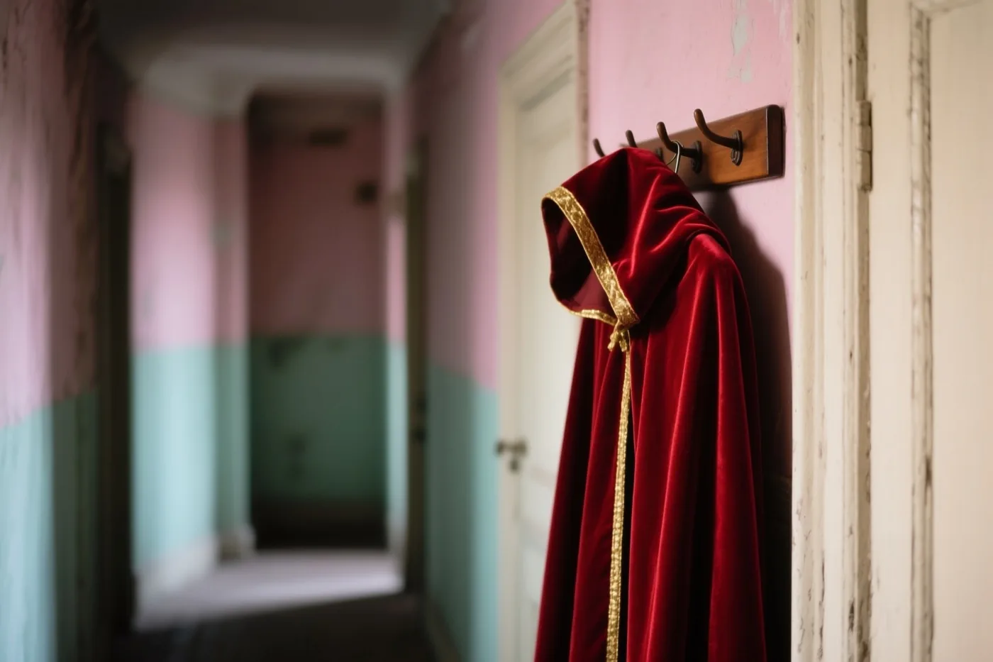 Een roodfluwelen mantel met gouden rand hangt aan een houten staande kapstok in een smalle oude gang met roze en blauwgroene muren.