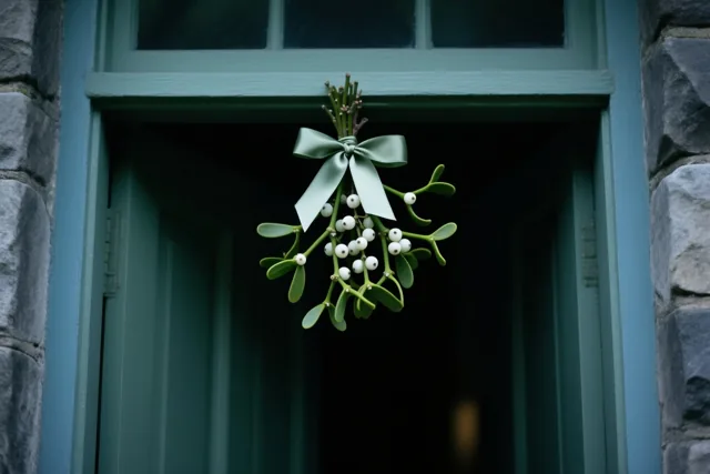 Een takje maretak met witte bessen en een lichtgroen lint hangt boven een blauwgroene houten deuropening tussen grijze stenen muren.