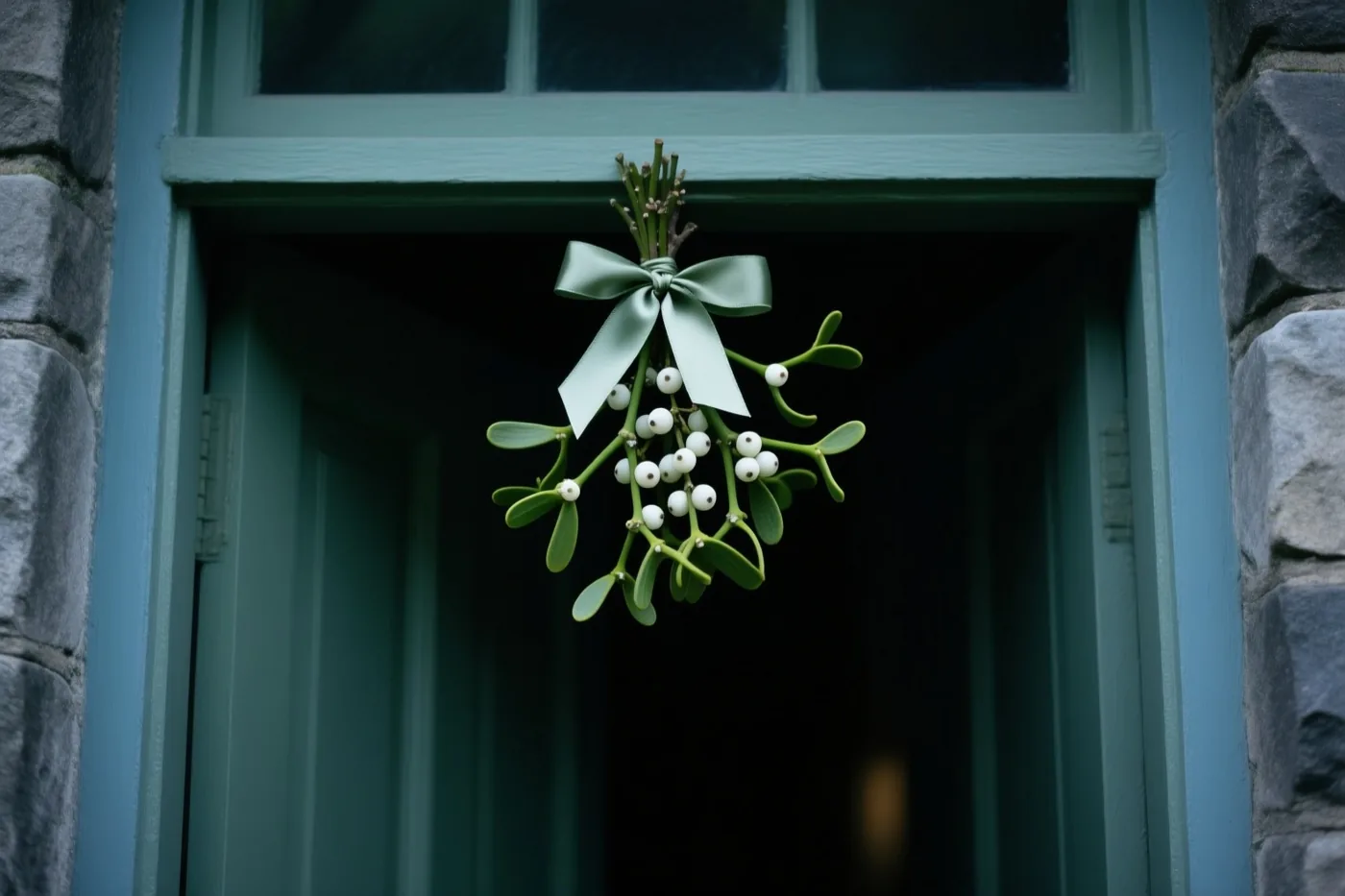 Een takje maretak met witte bessen en een lichtgroen lint hangt boven een blauwgroene houten deuropening tussen grijze stenen muren.