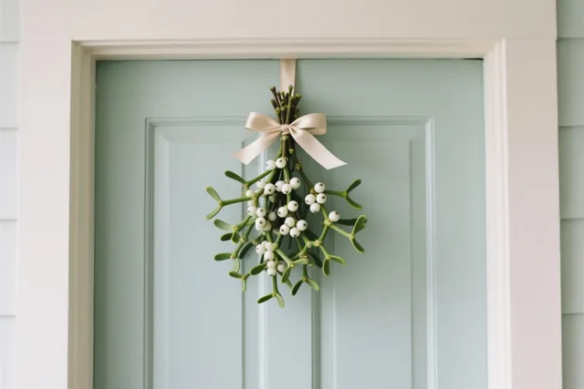 Een maretak met witte bessen en een crèmekleurig lint hangt midden op een lichtblauwe deur, omlijst door een wit deurkozijn en lichtgroene gevelbekleding.
