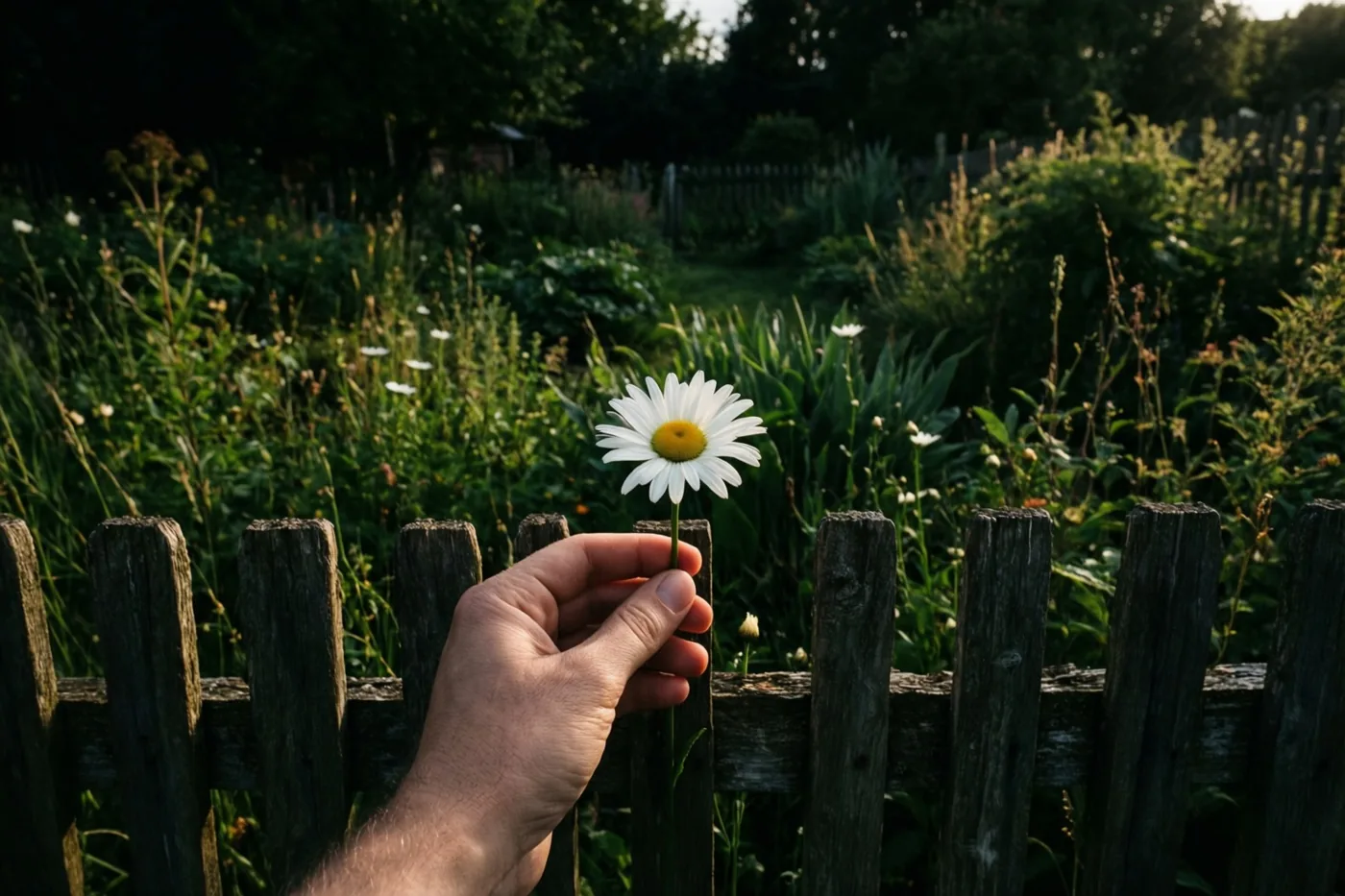 Een hand houdt een witte margriet met een geel hart boven een verweerde houten omheining, met een groene tuin en andere veldbloemen in warm zonlicht erachter.