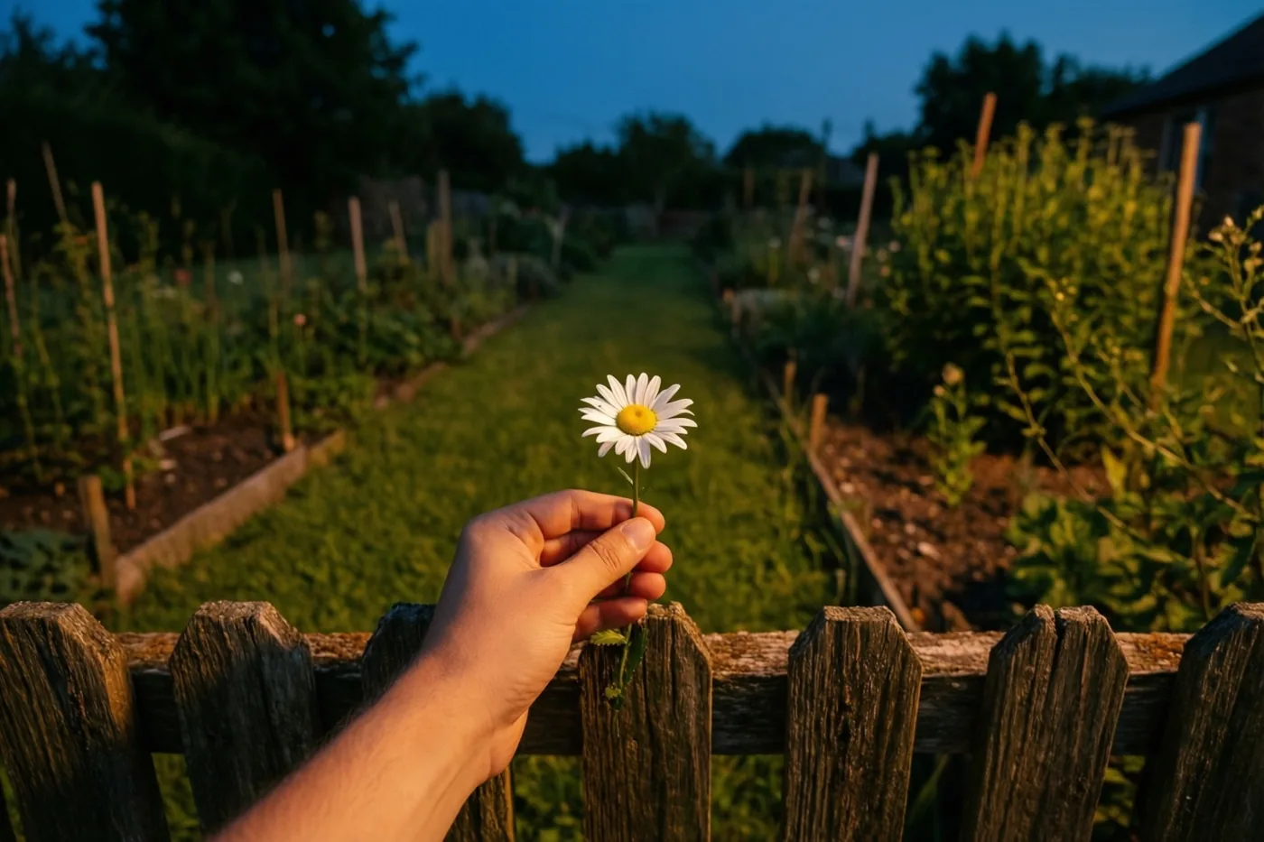 Een hand steekt een witte margriet met een geel hart over een verweerde houten omheining, in warm goudkleurig licht tegen een donkerblauwe avondlucht.