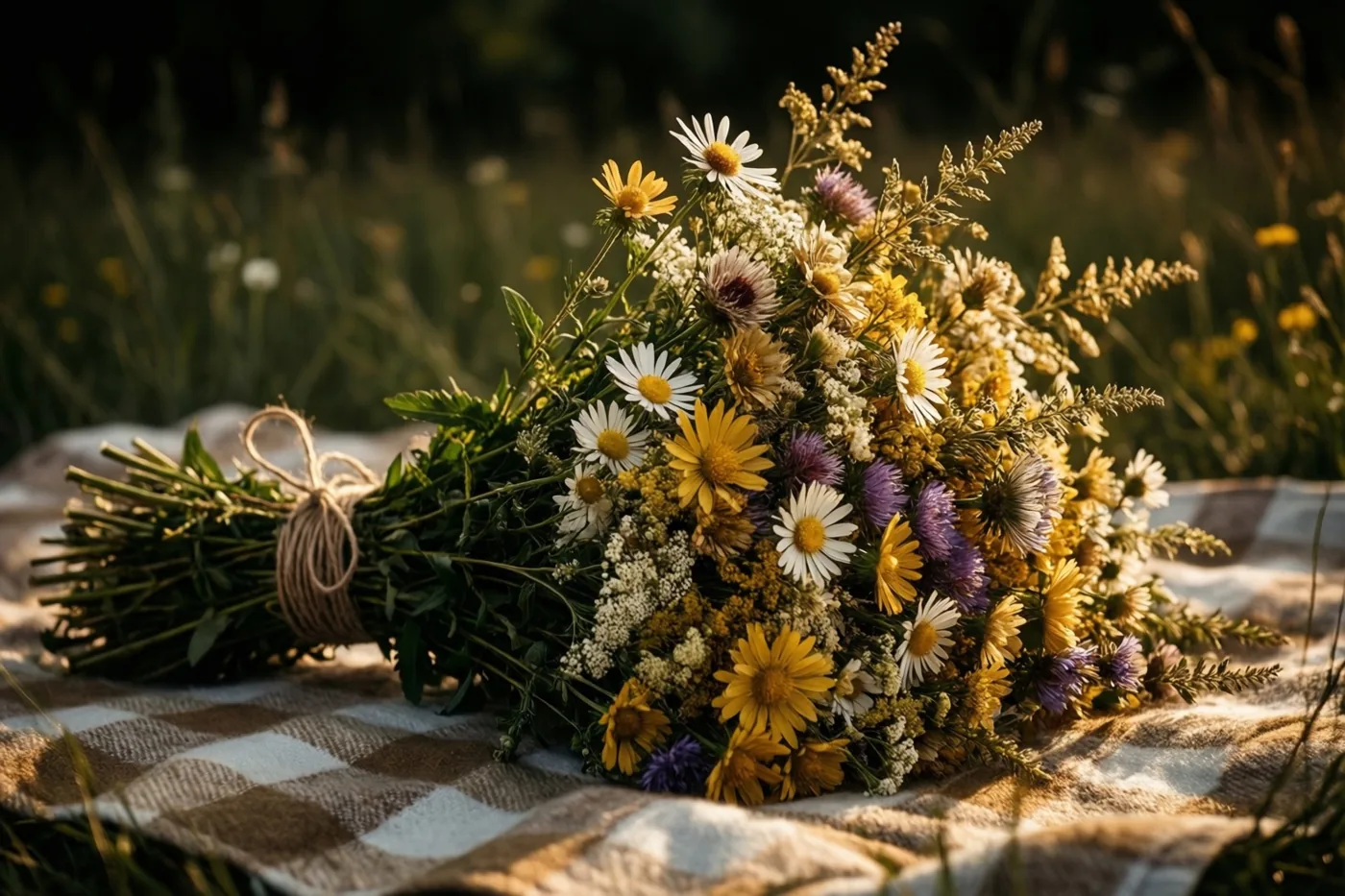 Een met touw samengebonden boeket wilde bloemen met margrieten en asters ligt op een geruite picknickdeken in een zonnige weide.