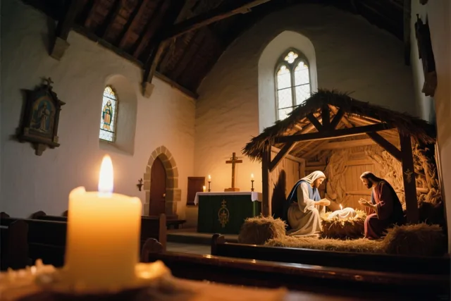 In een kerk met houten balken en stenen muren staan figuren van Maria en Jozef geknield bij het kindje Jezus in een kribbe naast het altaar, verlicht door kaarsen.
