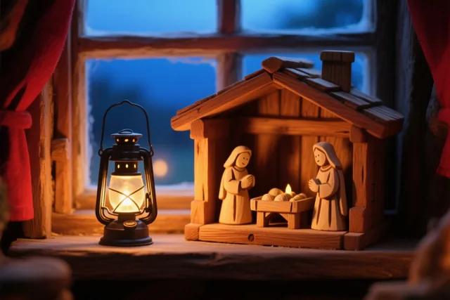 Een houten kerststal met uitgesneden figuren van Maria en Jozef staat op een vensterbank naast een brandende lantaarn, met een koele blauwe avondlucht achter het raam.
