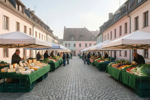 Op een dorpsplein met kasseien staan zondagochtend marktkramen met kaas en groenten onder witte luifels, omringd door pastelkleurige gebouwen onder een heldere hemel.