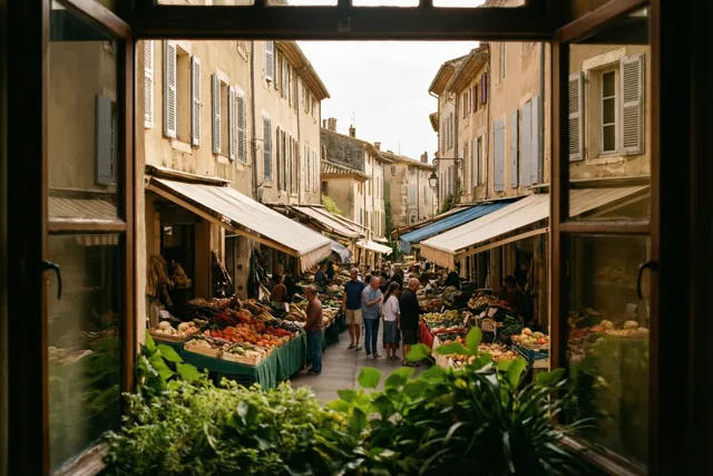 Door een open raam kijk je op een drukke marktstraat in een Zuid-Frans dorp, met kramen onder luifels, verse koopwaar en groen in warm daglicht.