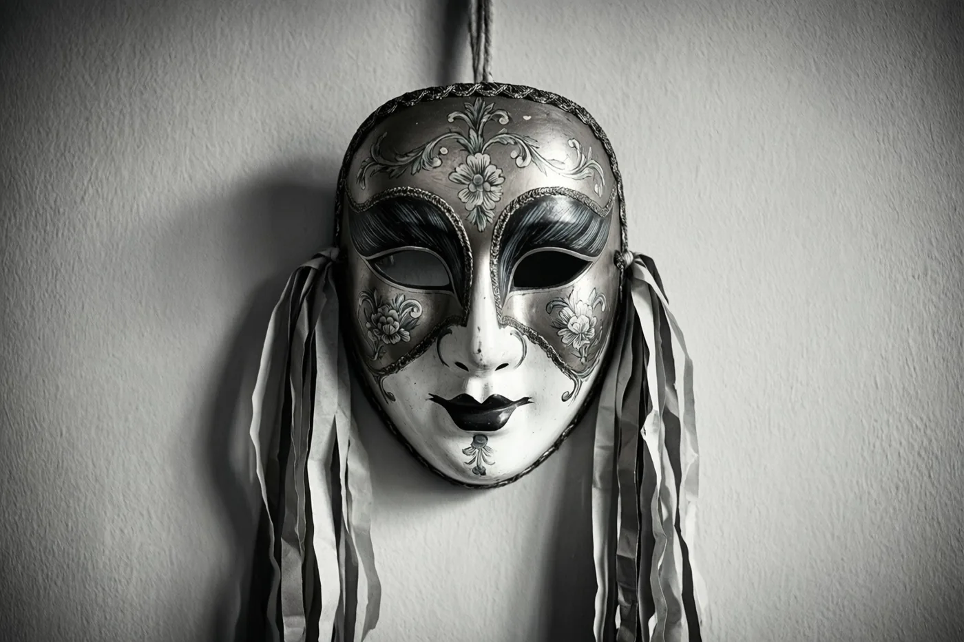 Een oud masker van papier-maché met bloemenpatronen en linten hangt aan een effen muur op een monochrome foto.