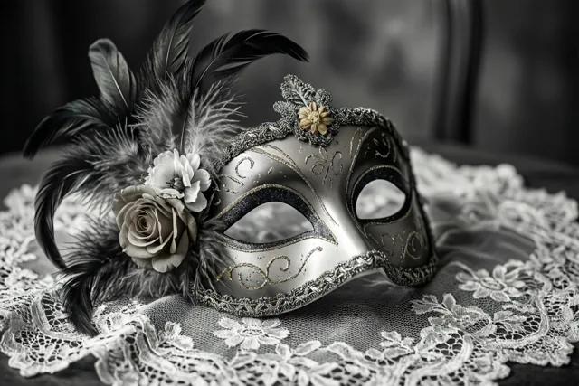 Een sierlijk masker met veren en bloemen ligt op een rijk versierde kanten doek, weergegeven in monochrome tinten.