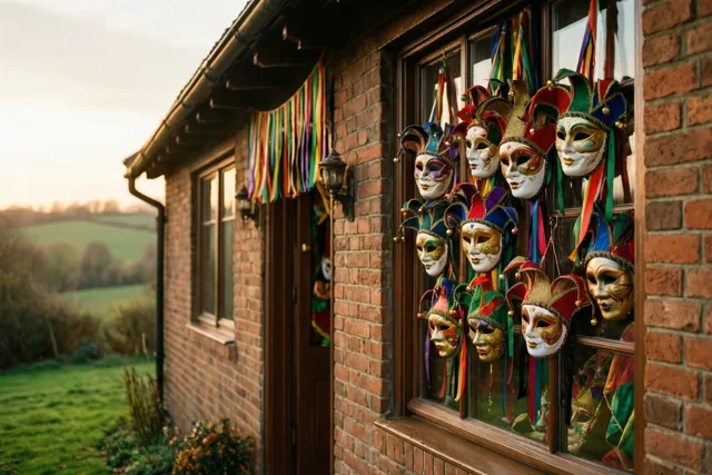 Rijk versierde carnavalsmaskers met kleurrijke linten hangen in het raam van een rood bakstenen huis, met een landelijk decor in zachte gouden tinten bij schemering.