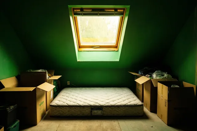 In een zolderkamer met groene muren ligt een matras tussen uitgepakte kartonnen dozen, verlicht door een schuin dakraam.