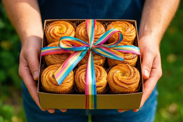 Twee handen reiken buiten een doos goudbruine mattentaarten aan die elk met een regenbooglint zijn versierd, tegen een onscherpe groene achtergrond.